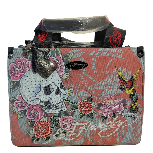 Ed Hardy Skull & Roses Rhinestone Tote Bag - Picture 1 of 7